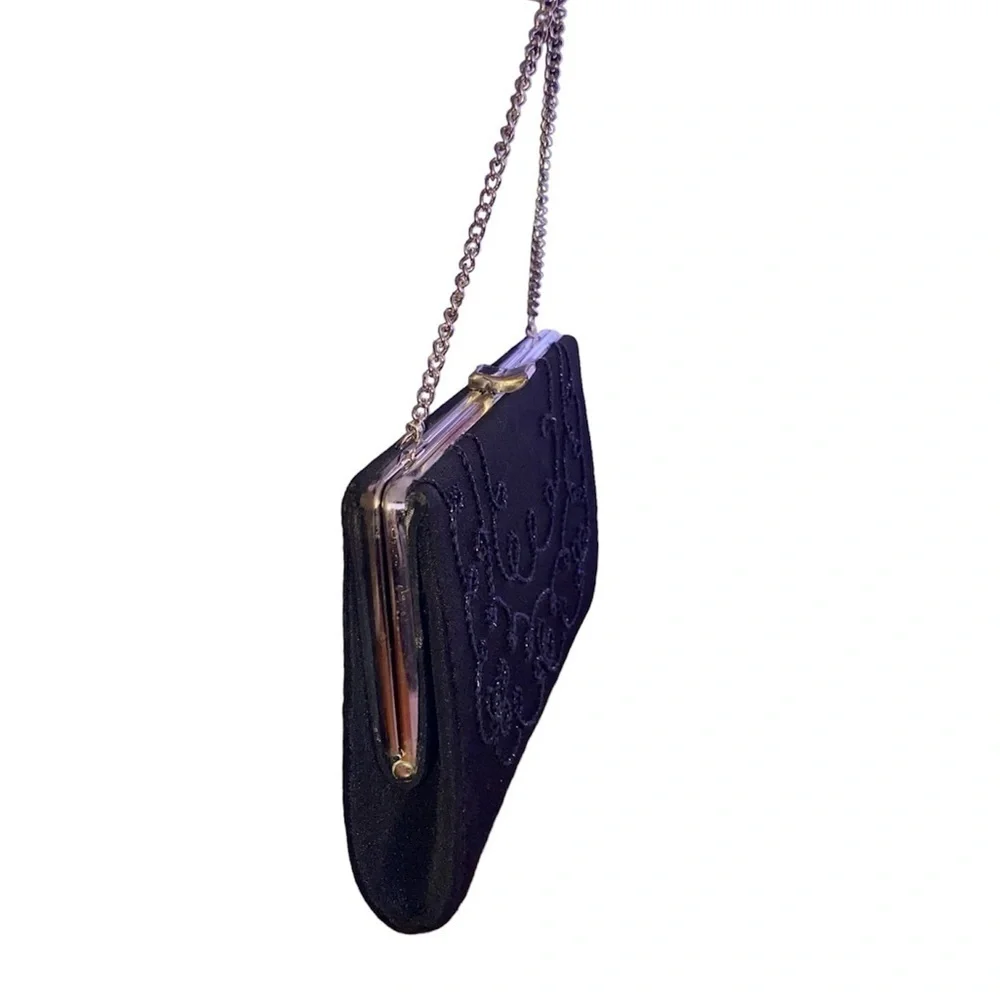 Vintage Evening Bag/Clutch Beaded Design Silver Tone Chain and Hardware Black